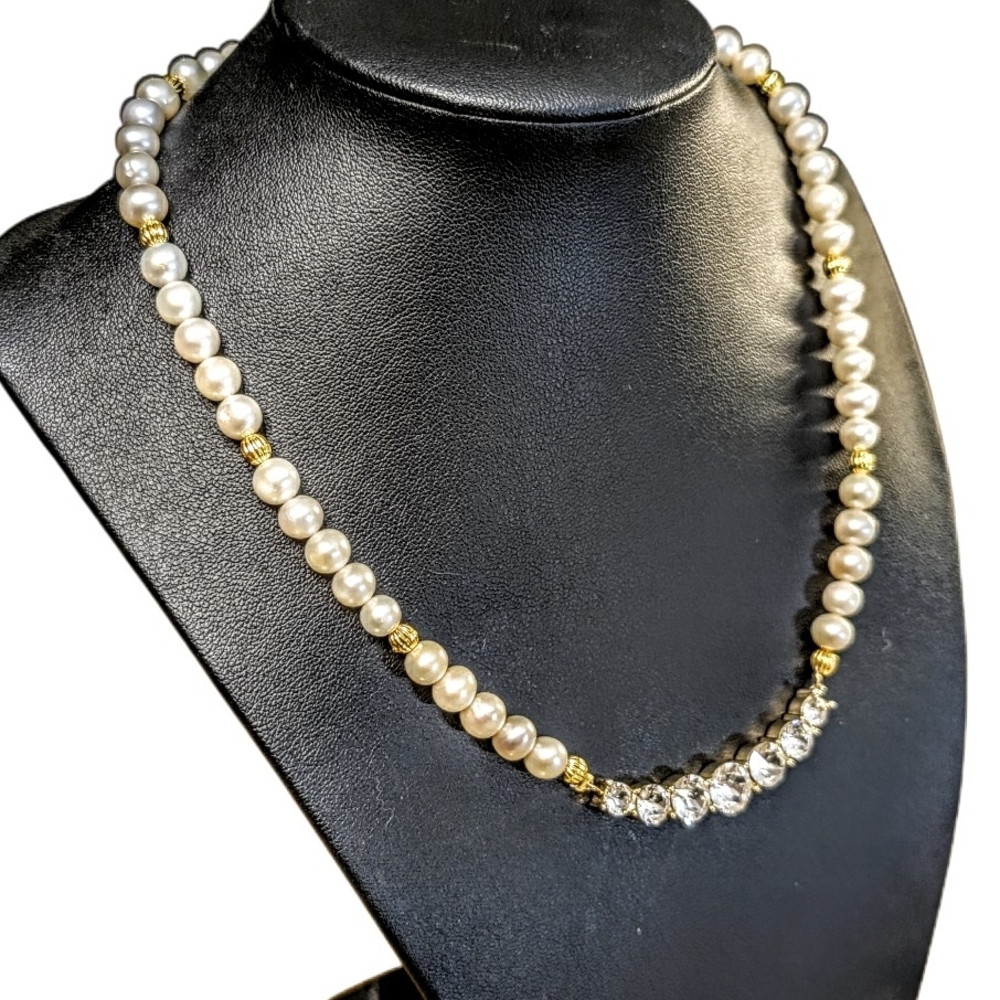 Fresh Water Pearl & Cubic Zirconia Stones In Golden Accents Necklace